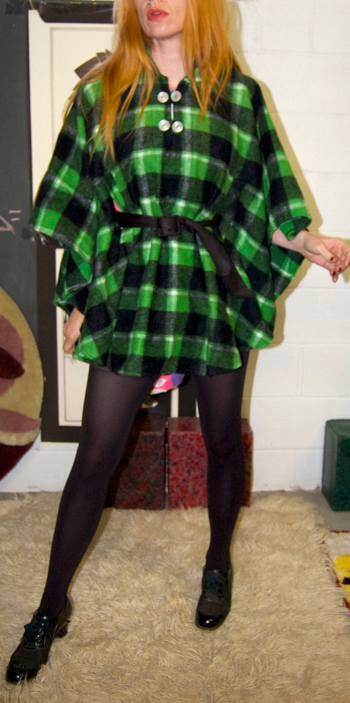 vtg 70s PLAID PONCHO CAPE dress // vintage green and black checkered autumn mini dress hippie boho cover up mod retro layers preppy cottage