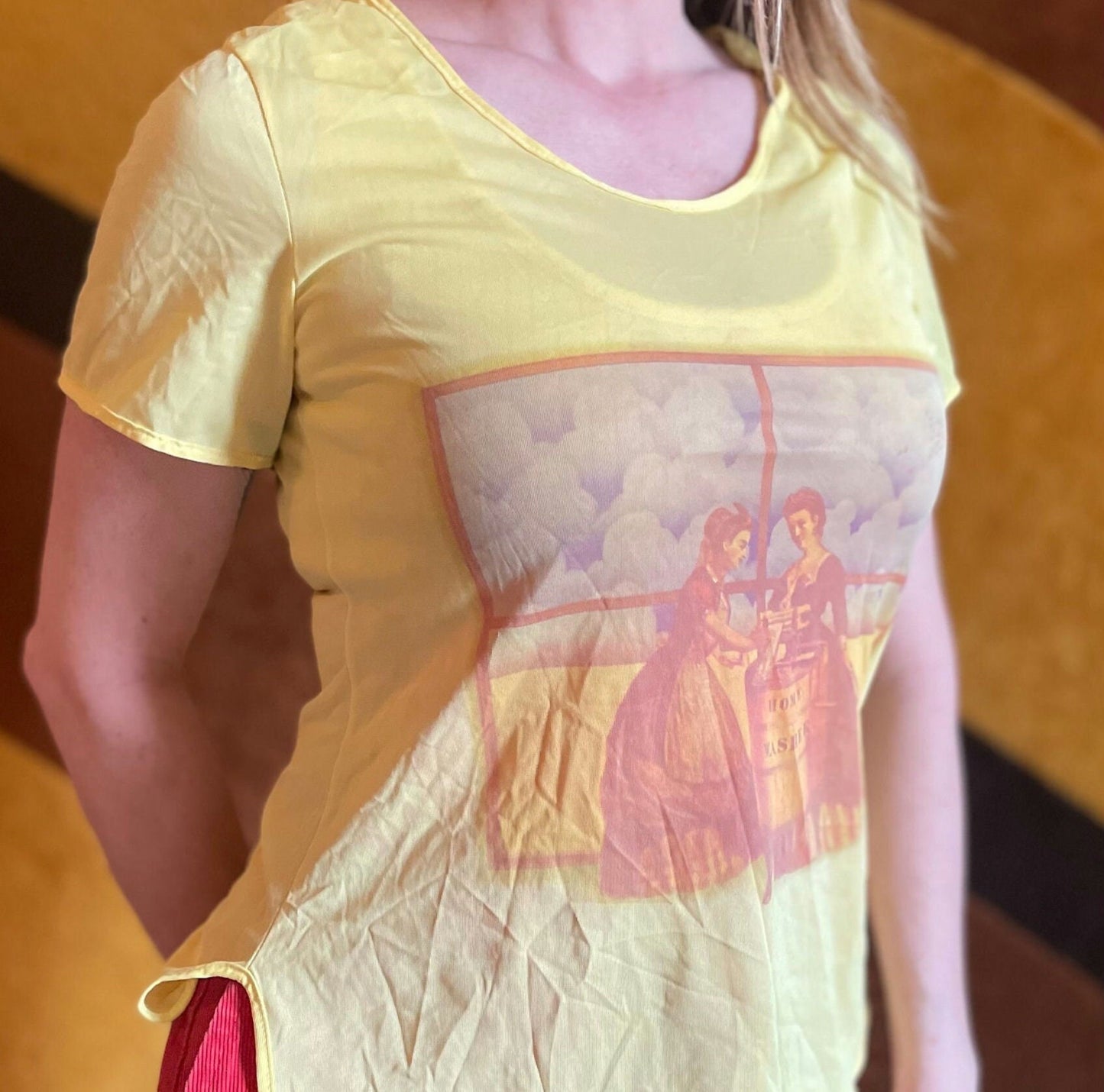 vtg 70s VICTORIAN WOMEN TOP // "home washer" shirt sheer nylon top thin summer pajama shirt rare kitschy graphic photo print aop lingerie