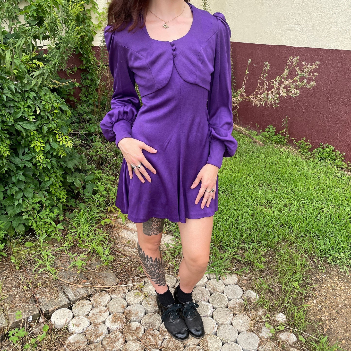 vtg 70s YOUNG INNOCENT ARPEJA Dress // stunning bright purple 2 piece bishop sleeve witchy autumn colors balloon sleeve slinky slip dress