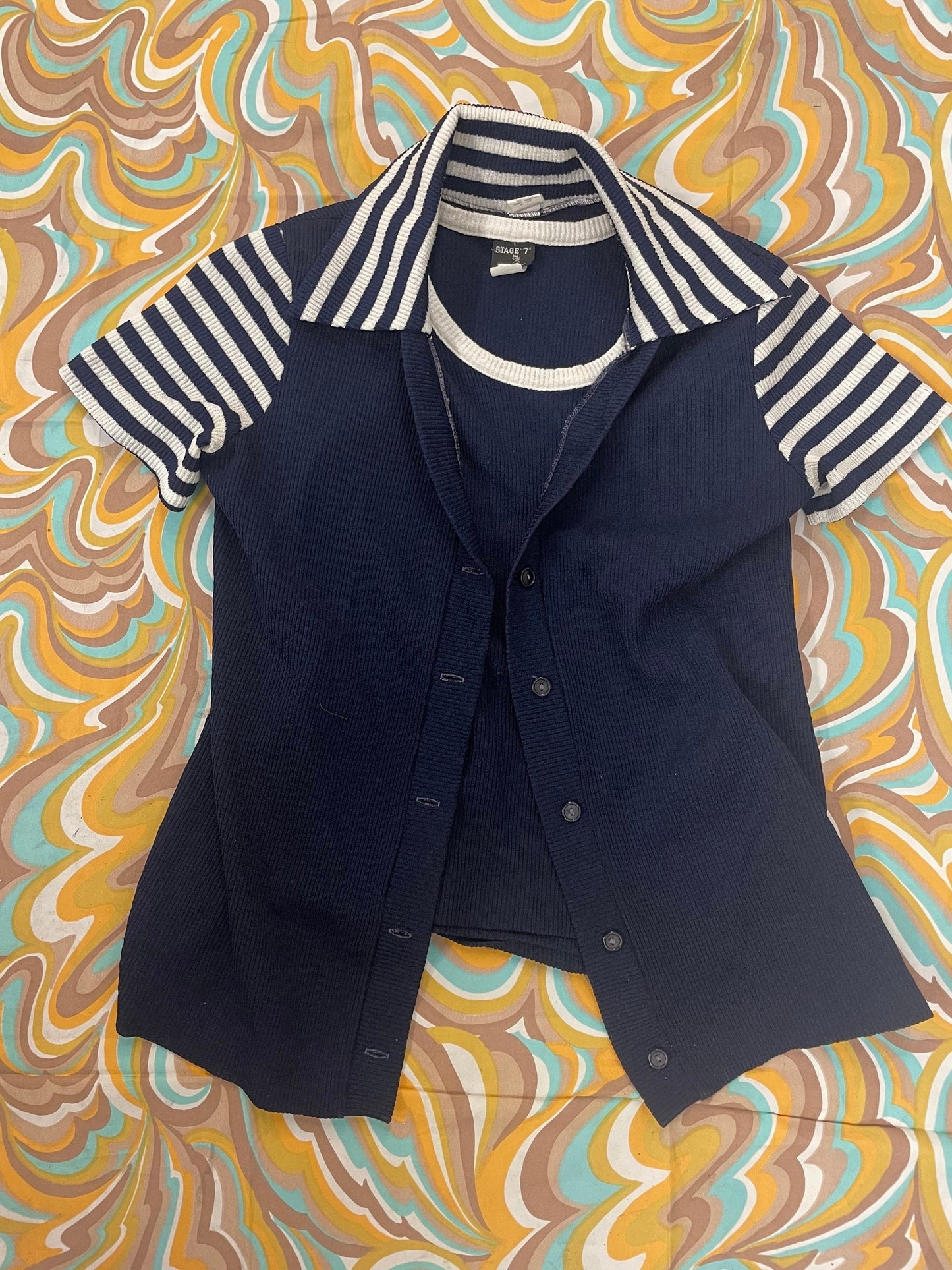 vtg 70s STRIPED POLY TOP // 2 piece set retro pointy collar tank top & mini jacket that show mod hippie roller disco vintage stripes era