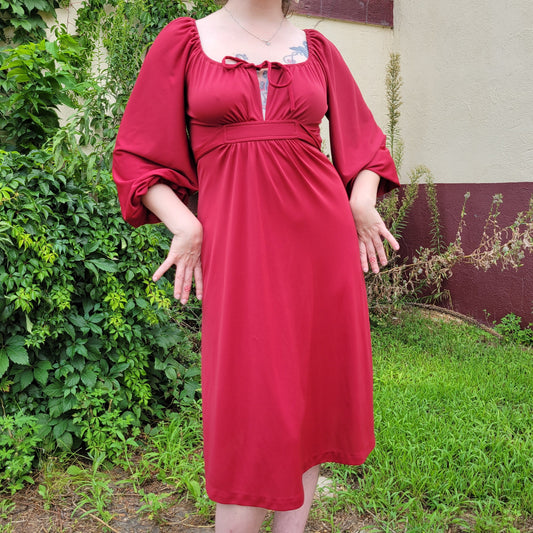 vtg 70s BALLOON SLEEVE DRESS // burgundy dolman sleeve shelf bust flowy slinky tie front midi autumn colors purple cinchy fall vibes casual