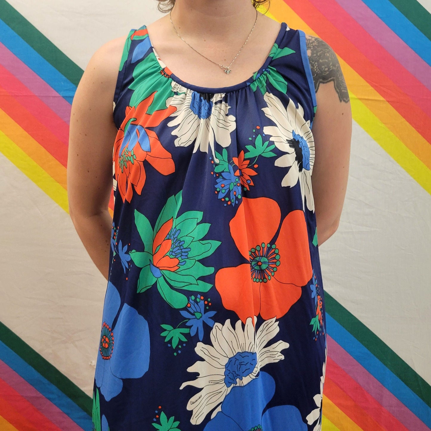 vtg 70s FLOWER POWER MAXI // bright blue floral muu muu flowy hippie hostess party gown slinky funky retro twirly wild flower tent dress