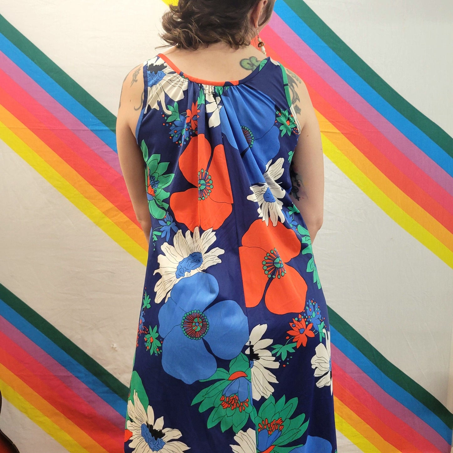 vtg 70s FLOWER POWER MAXI // bright blue floral muu muu flowy hippie hostess party gown slinky funky retro twirly wild flower tent dress