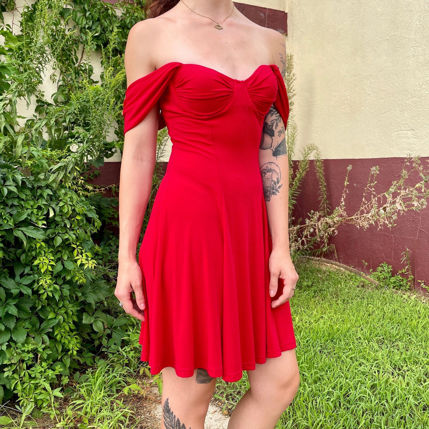 vtg 90s RED MINI DRESS // off the shoulder push up fit n flare sexy cocktail party style slinky spandex bright red special occasion gothic
