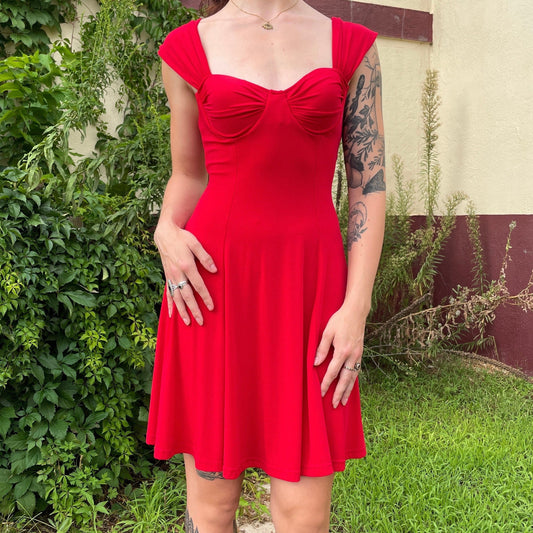 vtg 90s RED MINI DRESS // off the shoulder push up fit n flare sexy cocktail party style slinky spandex bright red special occasion gothic