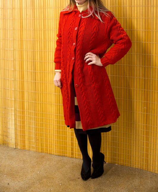 vtg 60s Red CABLE KNIT SWEATER Jacket // long knit duster petite red wool jacket winter buttons heavy cardigan style collared warm overcoat