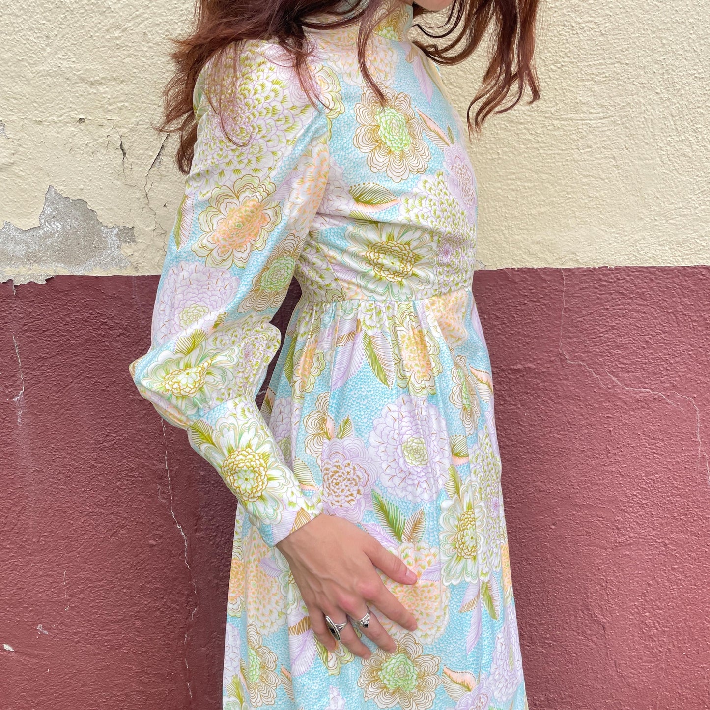 vtg 70s PASTEL FLORAL DRESS // bishop sleeve bright flower power maxi prairie boho bohemian juliet ethereal hippie movie prop dressing gown
