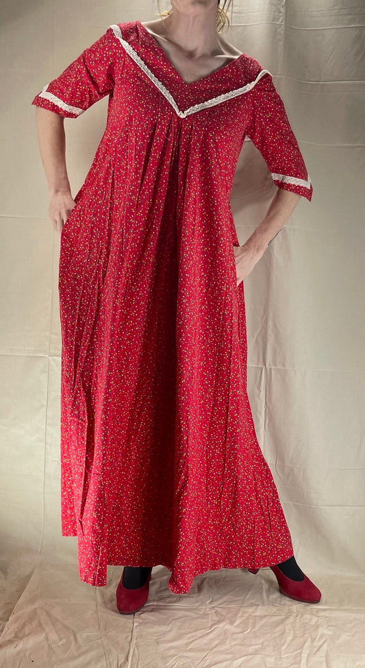 vtg 70s FLORAL RED TENT Dress With Pockets // cotton prairie flower maxi hippie boho full skirt house dress vintage farm core style muu muu