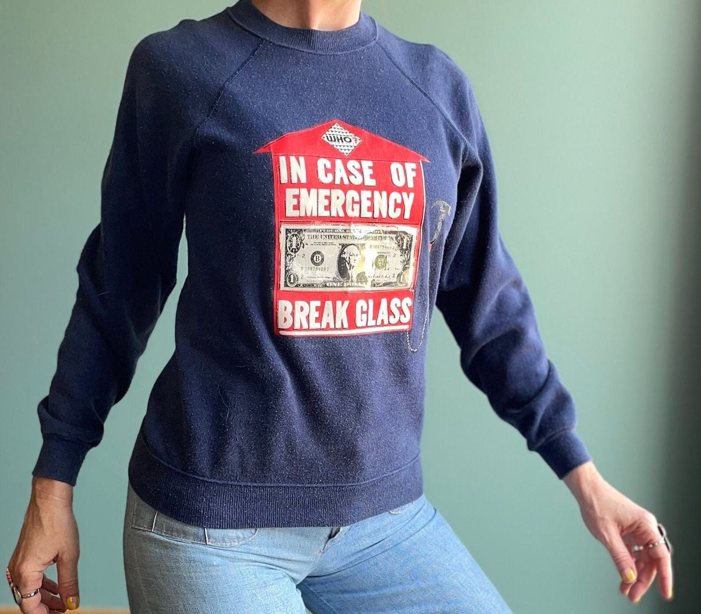 vtg 80s MONEY SWEATSHIRT  // vintage  "In case of emergency break glass" funny shirt fitted broke last dollar bill 80s gag gift recession