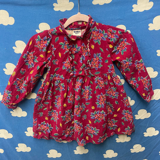 vtg 80s KIDS FLORAL CORDUROY Dress // vintage Oshkosh B'gosh girls size 5 toddler red xmas holiday picture outfit festive mistletoe cute