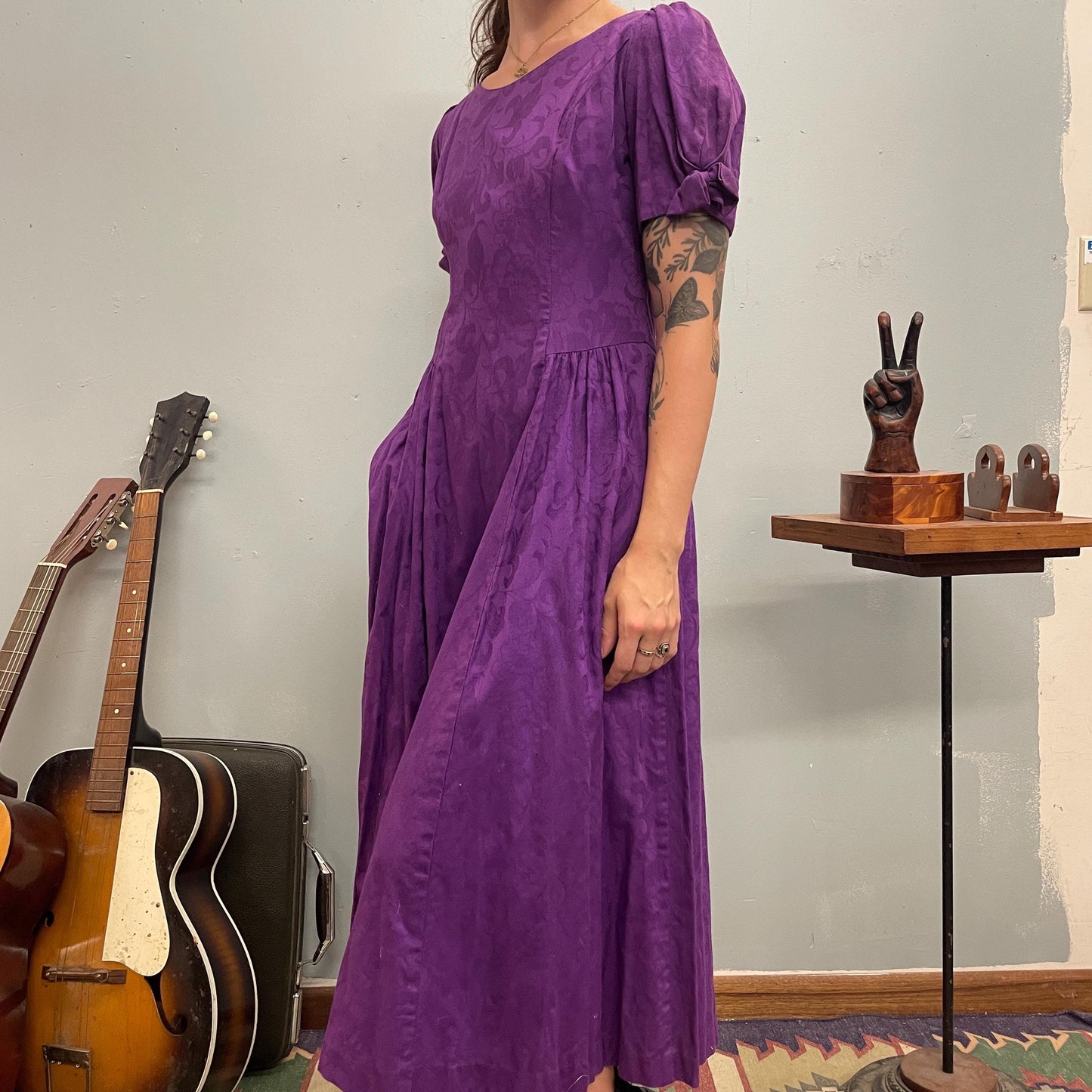 vtg 80s LANZ ORIGINALS DRESS // patterned puff sleeve poofy brocade preppy royal purple cotton button back day dress modest garden cottage