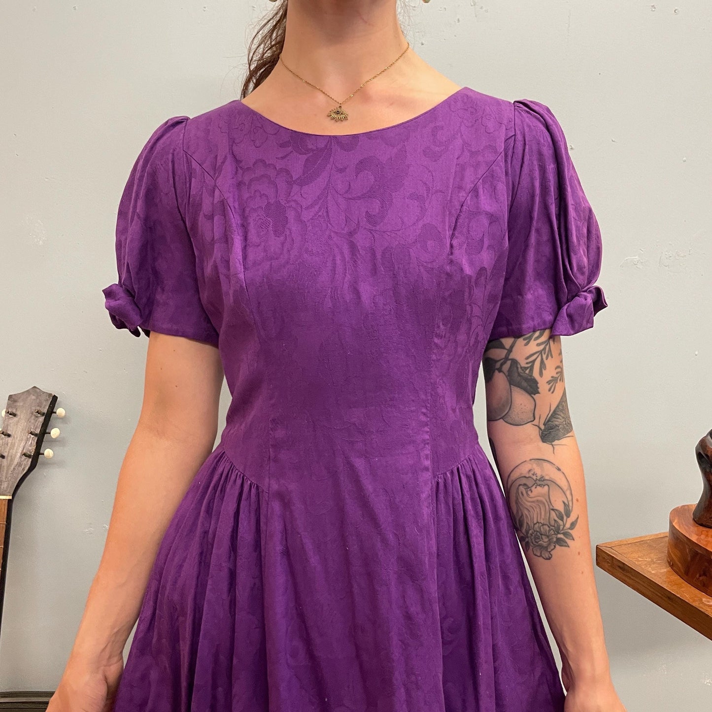 vtg 80s LANZ ORIGINALS DRESS // patterned puff sleeve poofy brocade preppy royal purple cotton button back day dress modest garden cottage