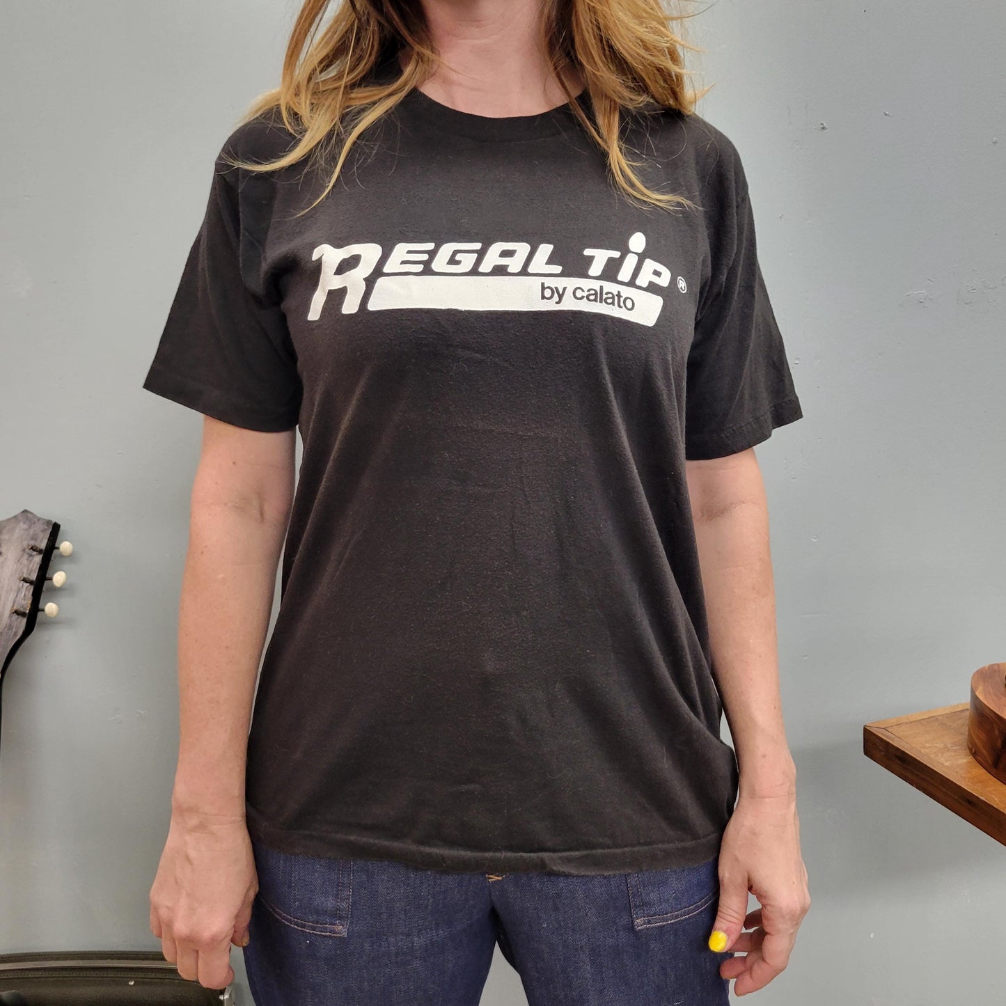 vtg 80s REGAL TIP calato TSHIRT // vintage drumsticks drummer drum band 90s instruments musician black music tee drums concert studio