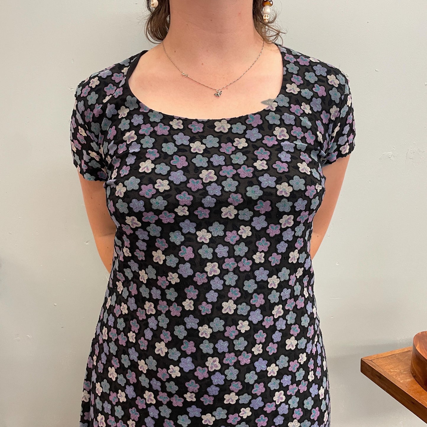 vtg 90s FLORAL MINI DRESS // slinky a line mini dress flower power bouncy metallic purple little black dress