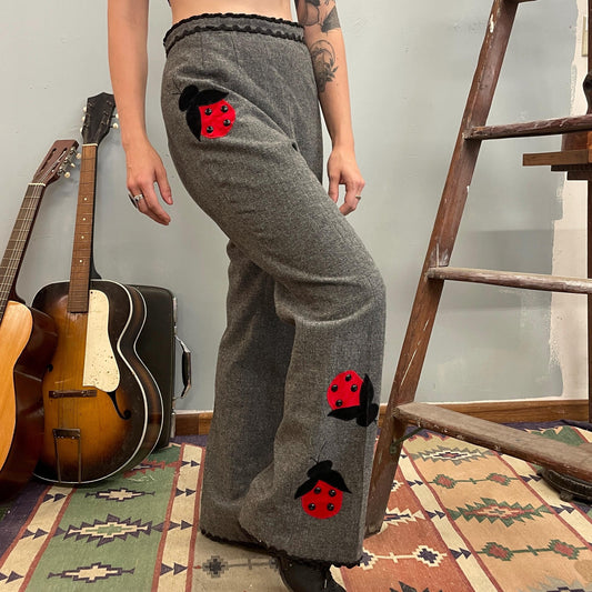 vtg 60s LADYBUG PANTS // bug patches St. Louis grey wool ric rac trousers high waisted flare pants dressy unique mod patchwork twee hippie