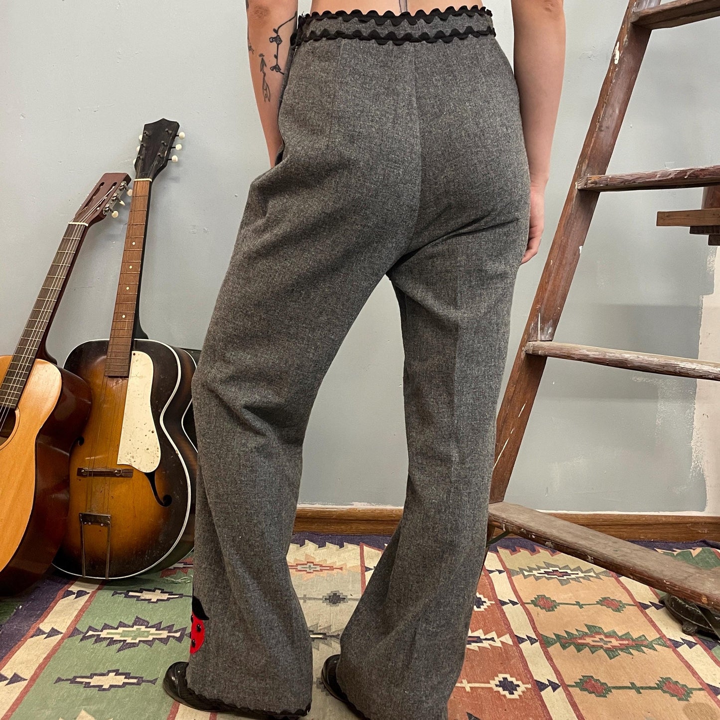 vtg 60s LADYBUG PANTS // bug patches St. Louis grey wool ric rac trousers high waisted flare pants dressy unique mod patchwork twee hippie