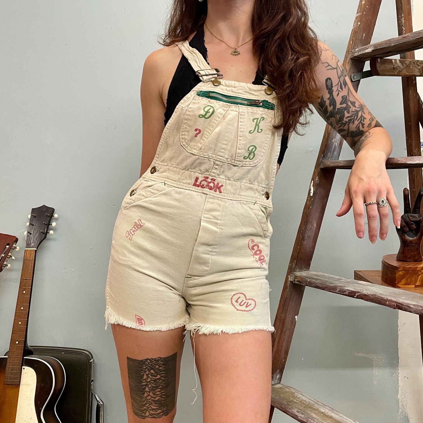 vtg 60s SENIOR STYLE OVERALLS  // coveralls autograph signature dungaroos diy stamped hand painted hot pants white petite personalized cords