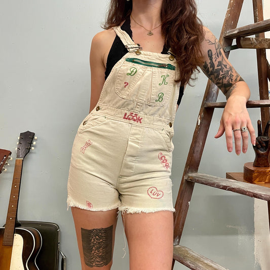 vtg 60s SENIOR STYLE OVERALLS  // coveralls autograph signature dungaroos diy stamped hand painted hot pants white petite personalized cords