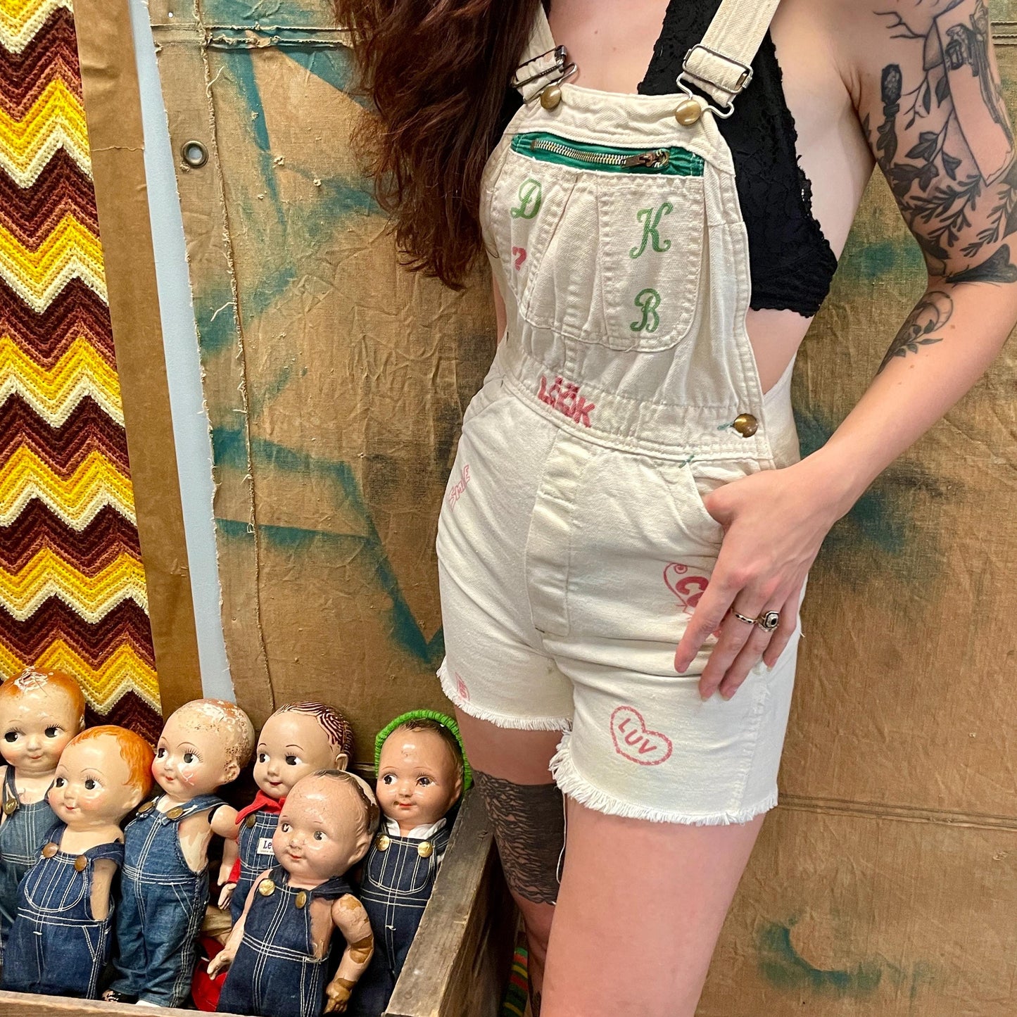 vtg 60s SENIOR STYLE OVERALLS  // coveralls autograph signature dungaroos diy stamped hand painted hot pants white petite personalized cords