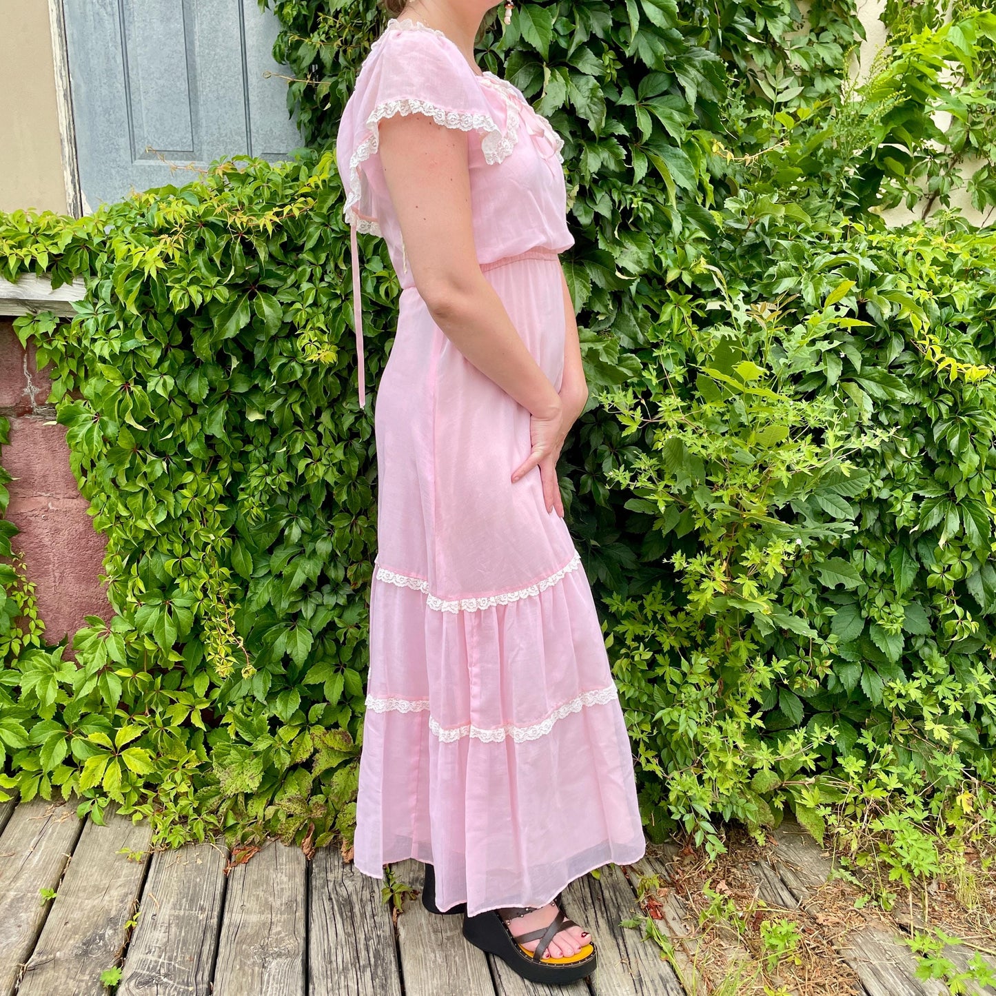 vtg 70s SHEER PINK MAXI // cute pastel cape sleeve ribbon trim hippie prairie style baby pink flowy full length ethereal renaissance fairy