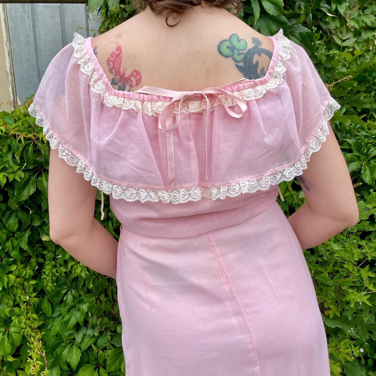 vtg 70s SHEER PINK MAXI // cute pastel cape sleeve ribbon trim hippie prairie style baby pink flowy full length ethereal renaissance fairy