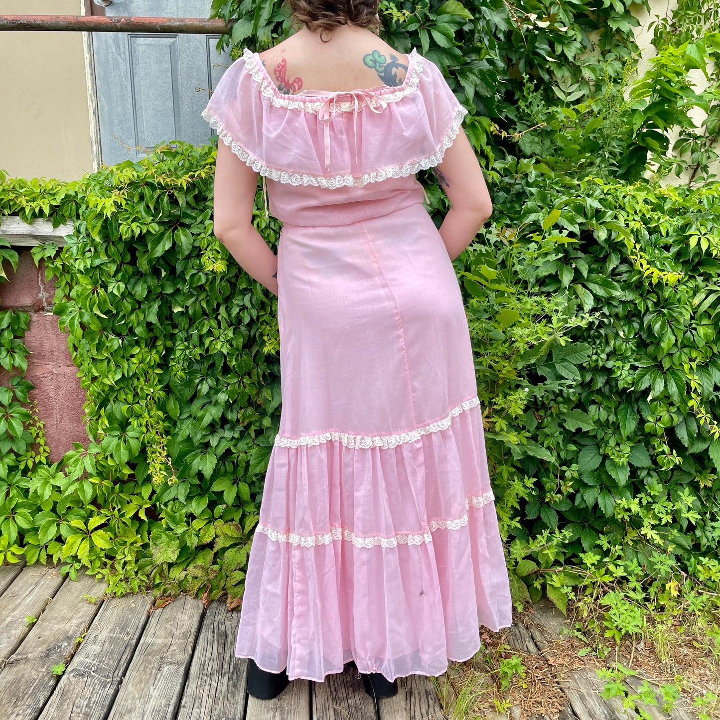 vtg 70s SHEER PINK MAXI // cute pastel cape sleeve ribbon trim hippie prairie style baby pink flowy full length ethereal renaissance fairy