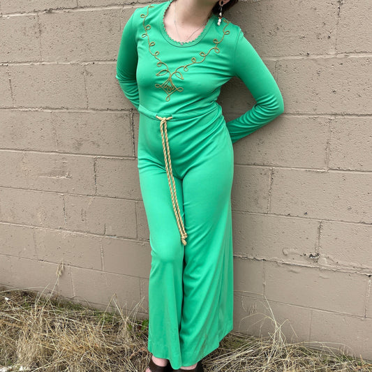vtg 70s GREEN JUMPSUIT // embroidered flare leg belted pantsuit hostess halloween party shrek fiona funky loud statement piece bell bottoms