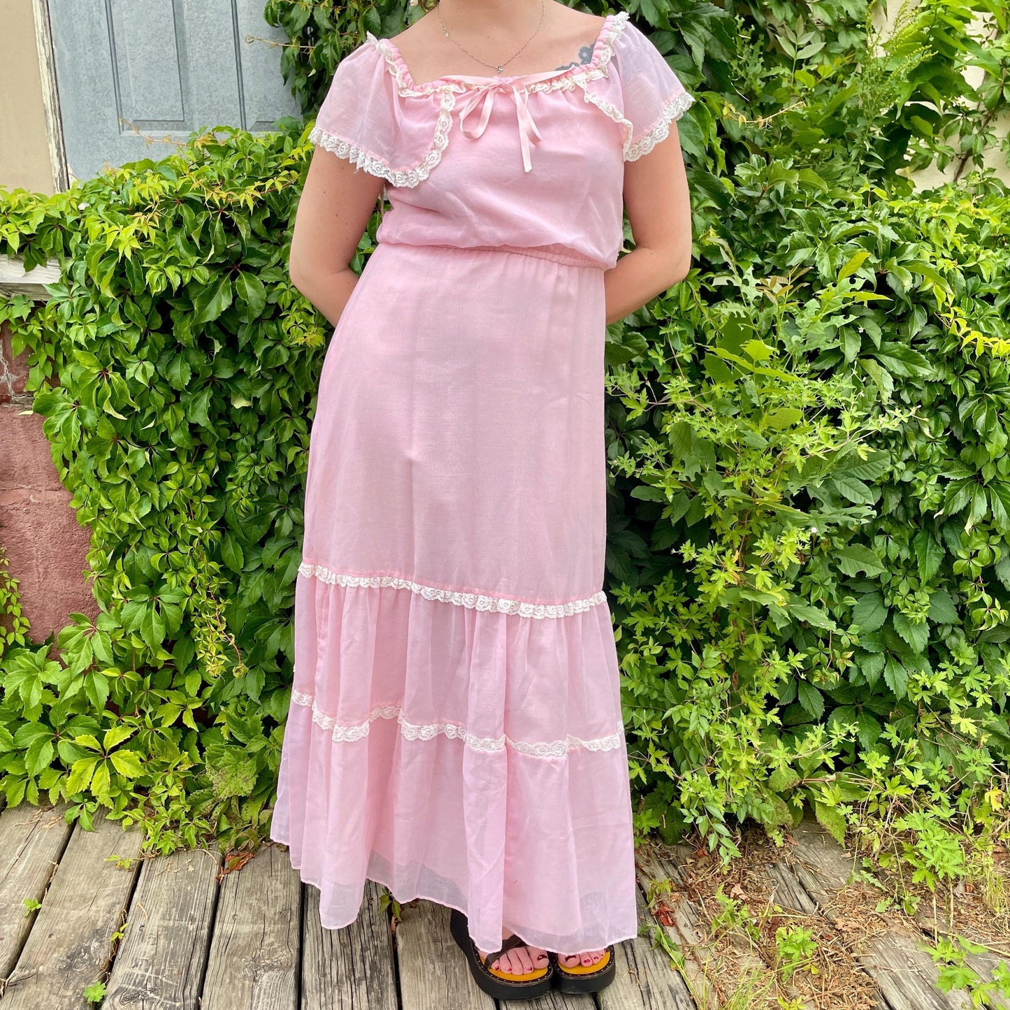 vtg 70s SHEER PINK MAXI // cute pastel cape sleeve ribbon trim hippie prairie style baby pink flowy full length ethereal renaissance fairy