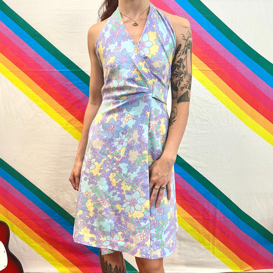 vtg 70s FLORAL HALTER WRAP dress // pastel flower power v neck wrap around lightweight flowy midi handmade retro bright pink & blue sexy