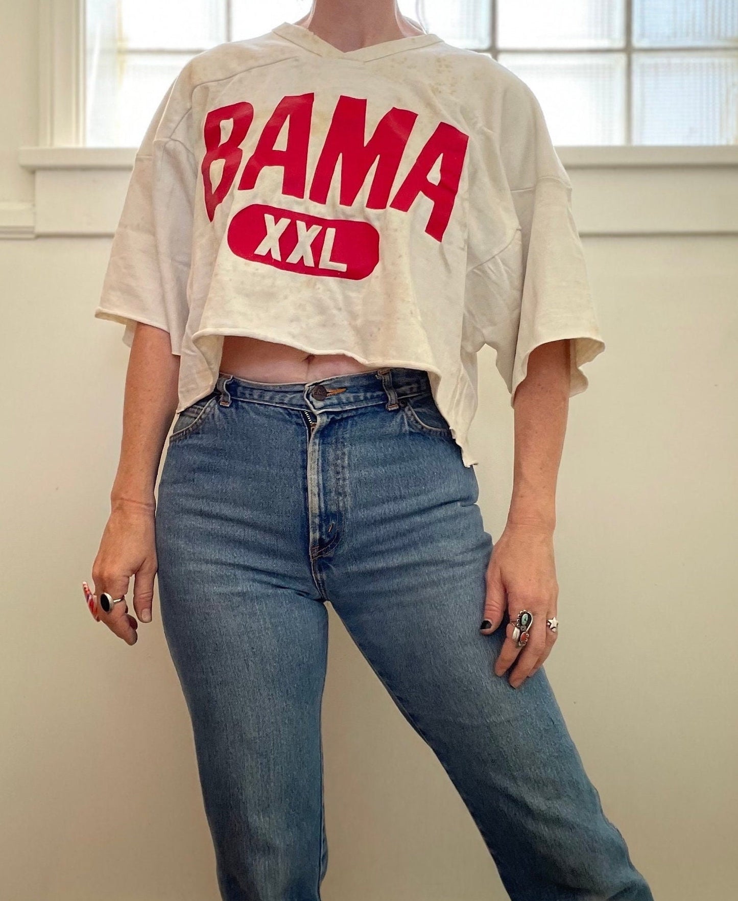 vtg 80s BAMA CUT OFF Sweatshirt // comfy slouchy baggy tee alabama sports jersey pill print jersey xxl boyfriend footbal big red logo