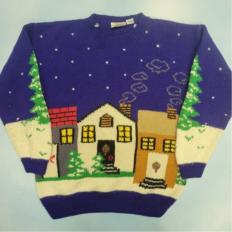 vtg 80s XMAS WINTER SCENE Sweater // vintage womens large cozy cottage in the snow wool knit snowflake print big pictorial house snowy trees