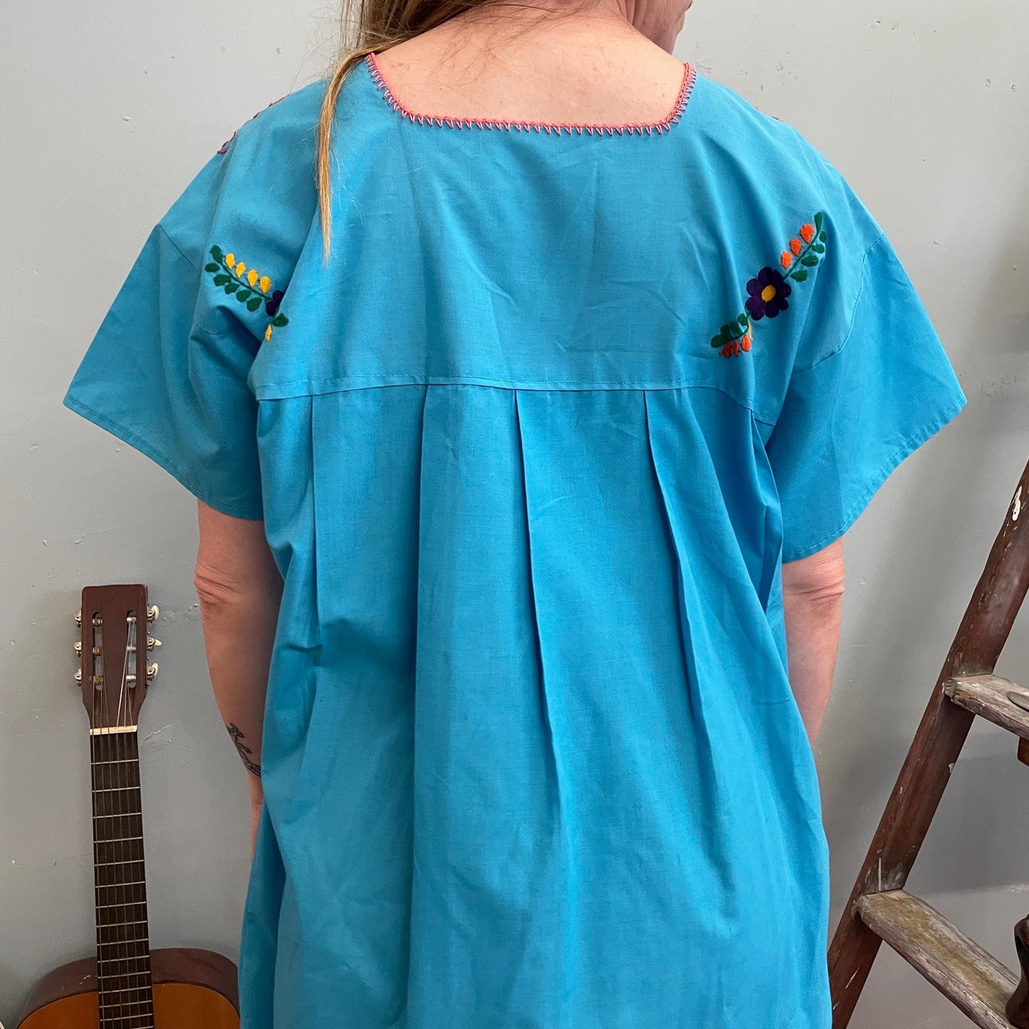 vtg 70s EMBROIDERED OAXACAN DRESS // bright blue floral Mexican cultural hippie boho maxi coco day of the dead festive flower power retro