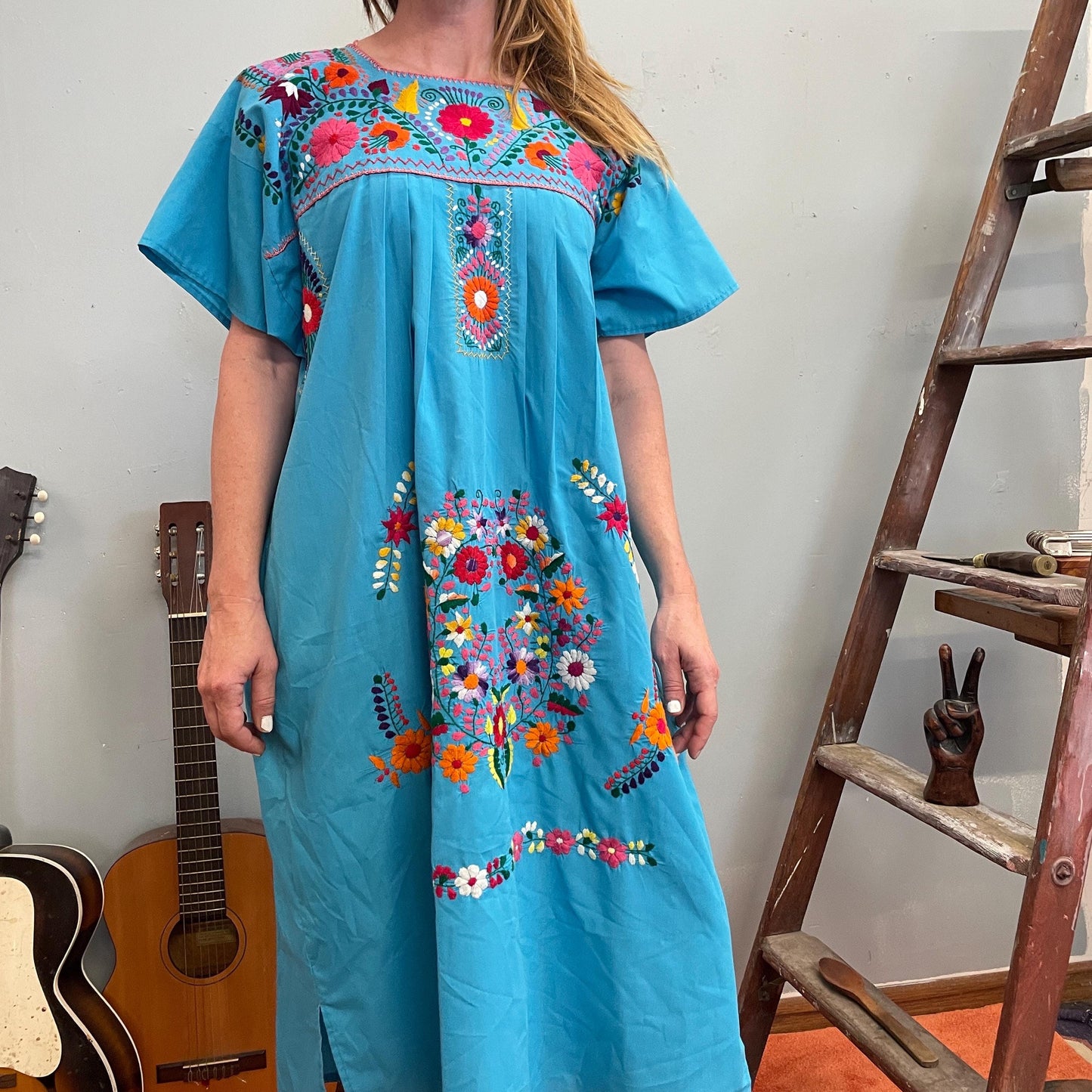 vtg 70s EMBROIDERED OAXACAN DRESS // bright blue floral Mexican cultural hippie boho maxi coco day of the dead festive flower power retro