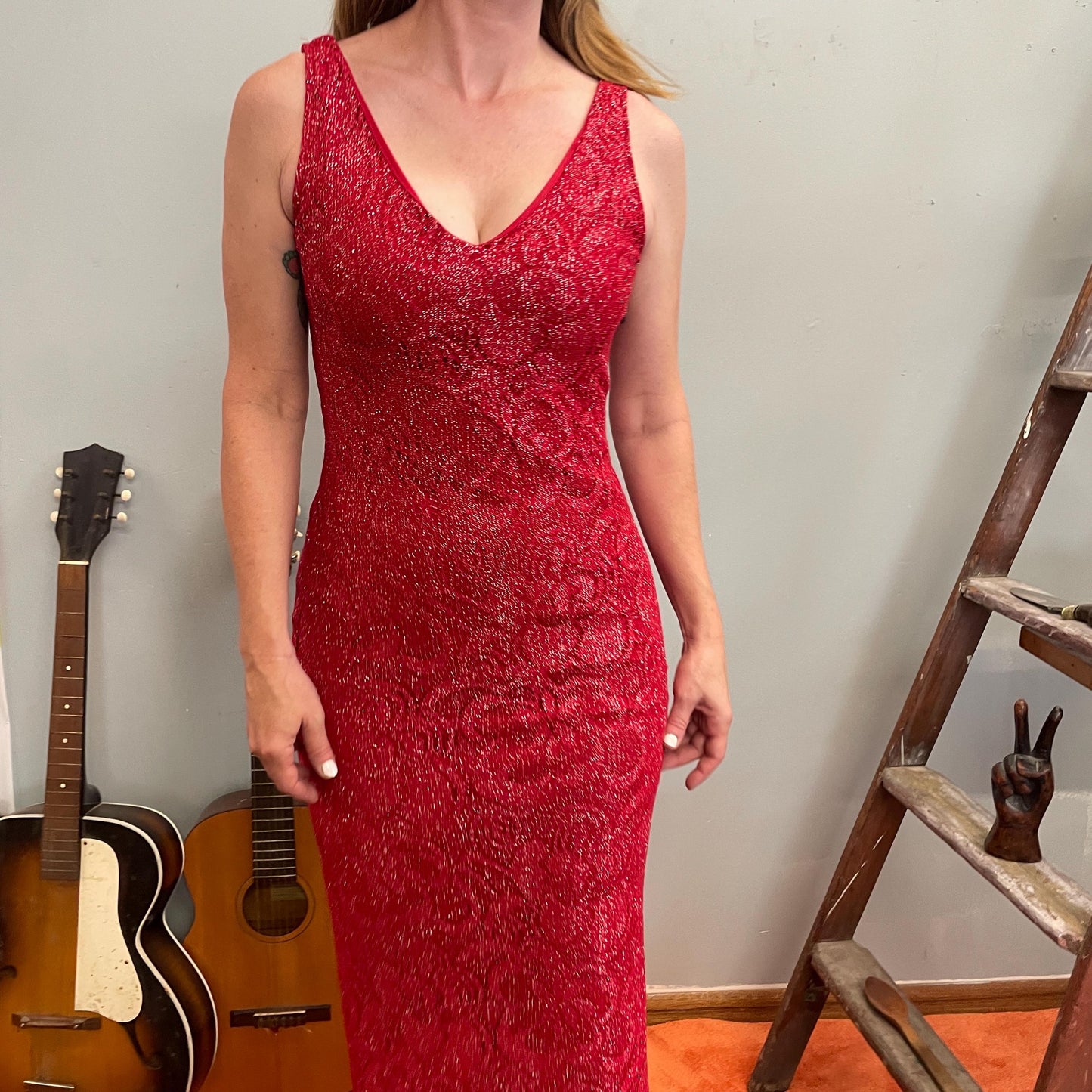 vtg 90s RED GLITTER FRINGE dress // sparkly silver beaded slinky tank evening gown dinner party retro 70s style