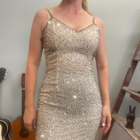vtg 90s BEADED FORMAL DRESS // embellished abstract sequin long sexy shelf bust fancy gown silver fairy asymmetrical sparkly glitter