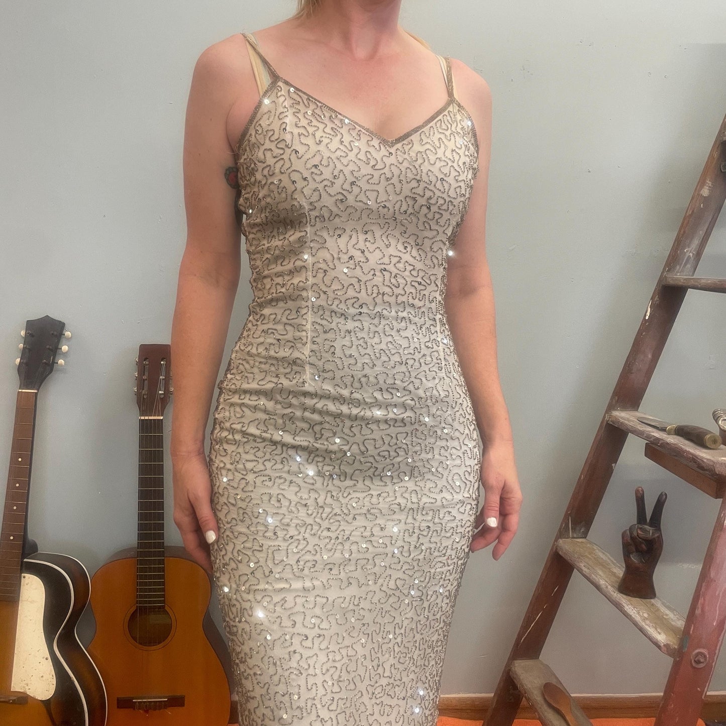 vtg 90s BEADED FORMAL DRESS // embellished abstract sequin long sexy shelf bust fancy gown silver fairy asymmetrical sparkly glitter
