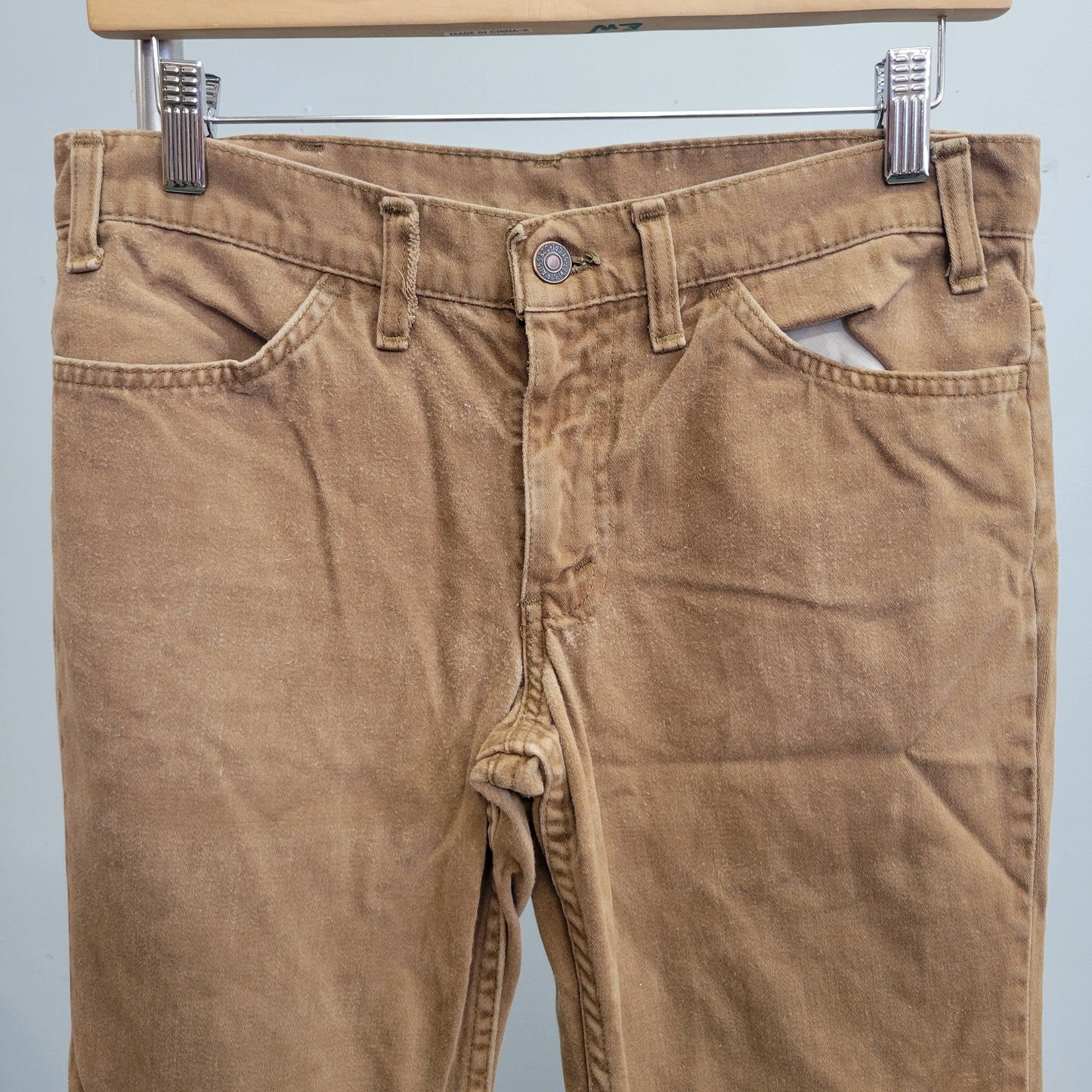 vtg 70s BROWN LEVIS JEANS / vintage distressed soft cotton flares khaki beige flare hippie rustic brown boot cut pants white tab earth tones