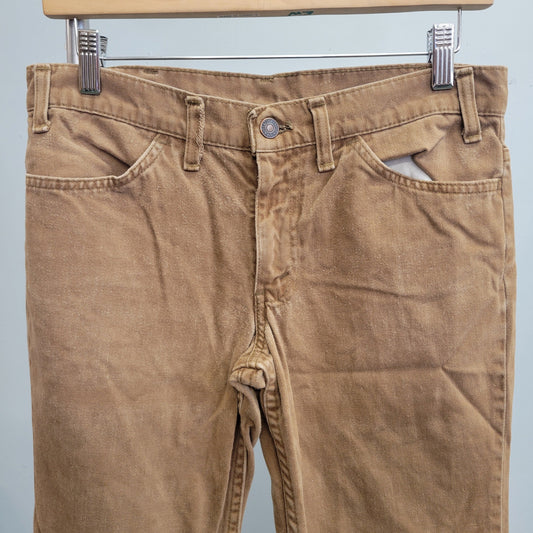 vtg 70s BROWN LEVIS JEANS / vintage distressed soft cotton flares khaki beige flare hippie rustic brown boot cut pants white tab earth tones