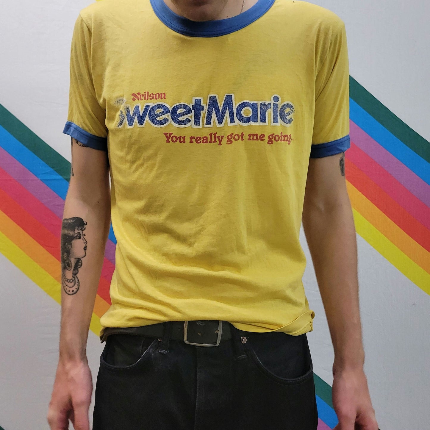 vtg 80s SWEET MARIE RINGER tshirt // vintage rare candy discontinued snack shirt paper thin comfy  distressed worn threadbare retro slogan