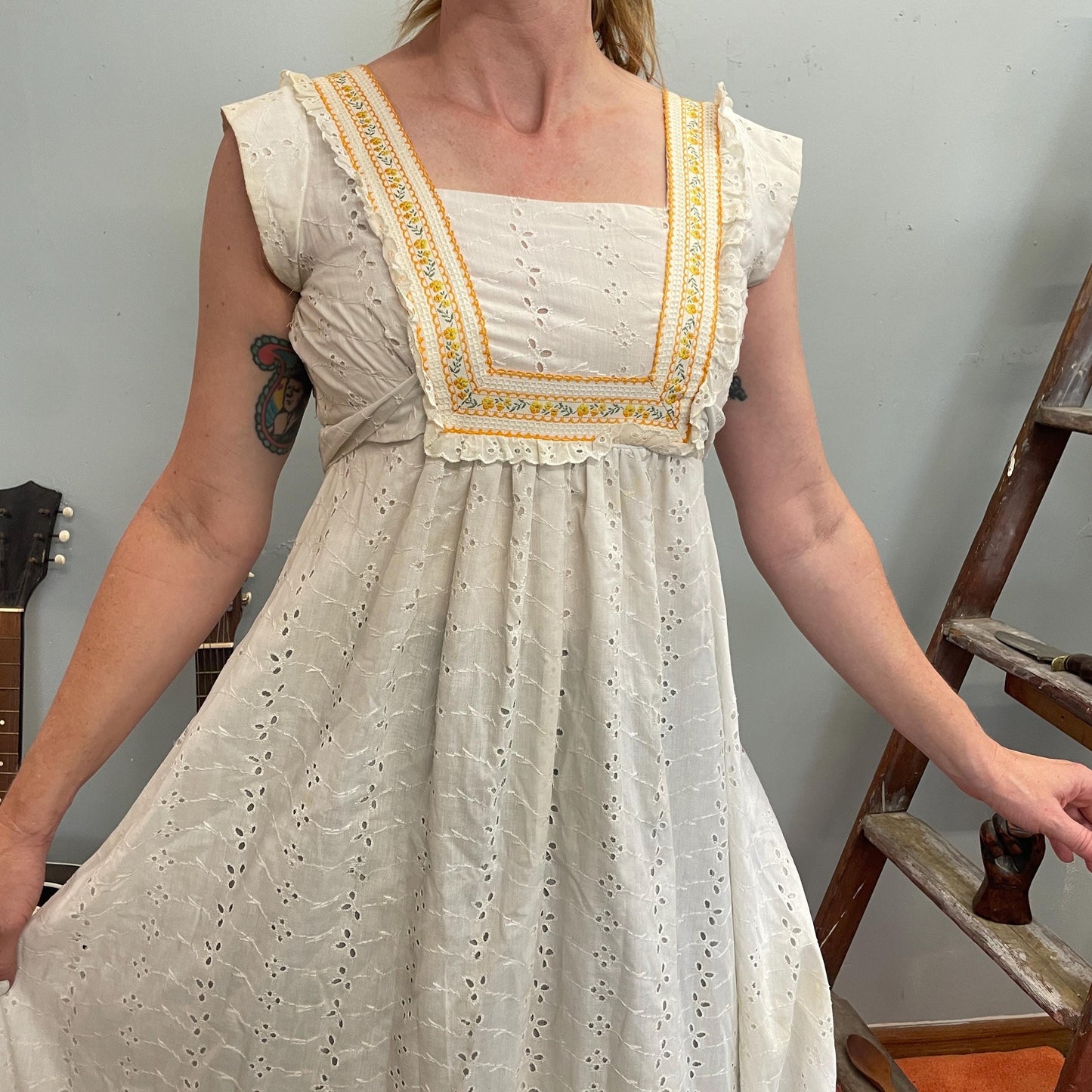 vtg 70s PRAIRIE MAXI DRESS // eyelet lace cotton gunne sax style hippie boho peasant renaissance maiden goddess summer fall tank full length