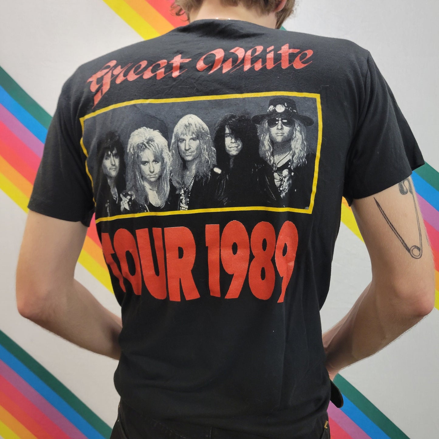 vtg 80s GREAT WHITE BAND tee / vintage classic hard rock tshirt 1989 tour 70s music funny punk shark single stitch black large cartoon shirt