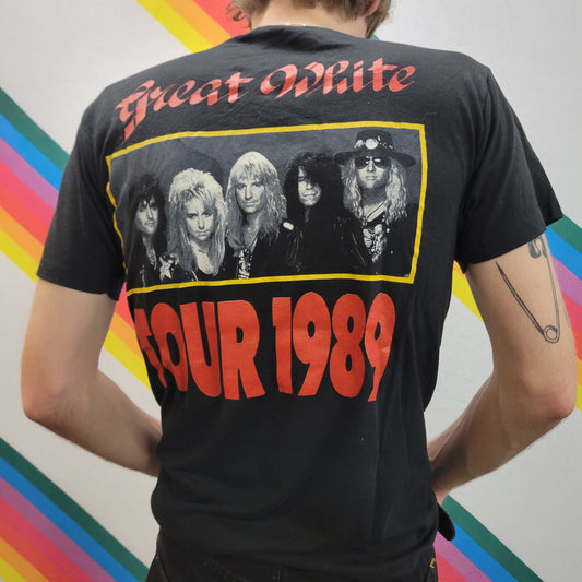 vtg 80s GREAT WHITE BAND tee / vintage classic hard rock tshirt 1989 tour 70s music funny punk shark single stitch black large cartoon shirt