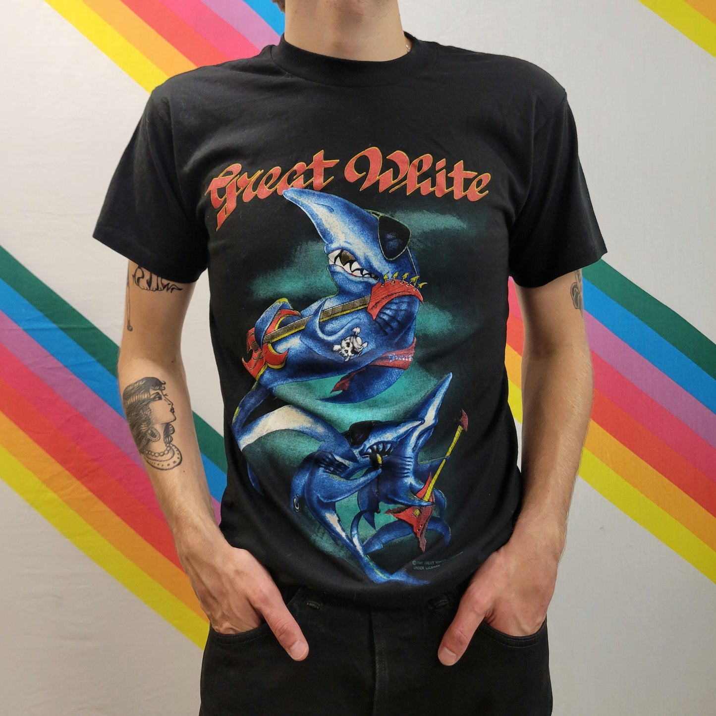 vtg 80s GREAT WHITE BAND tee / vintage classic hard rock tshirt 1989 tour 70s music funny punk shark single stitch black large cartoon shirt