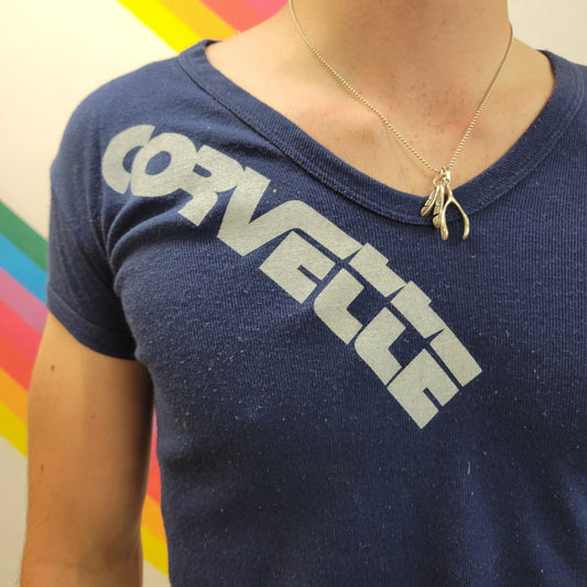 vtg 70s CORVETTE CAR TSHIRT // vintage stretchy v neck single stitch cute femme style french cut muscle car tight brand spell out logo sexy