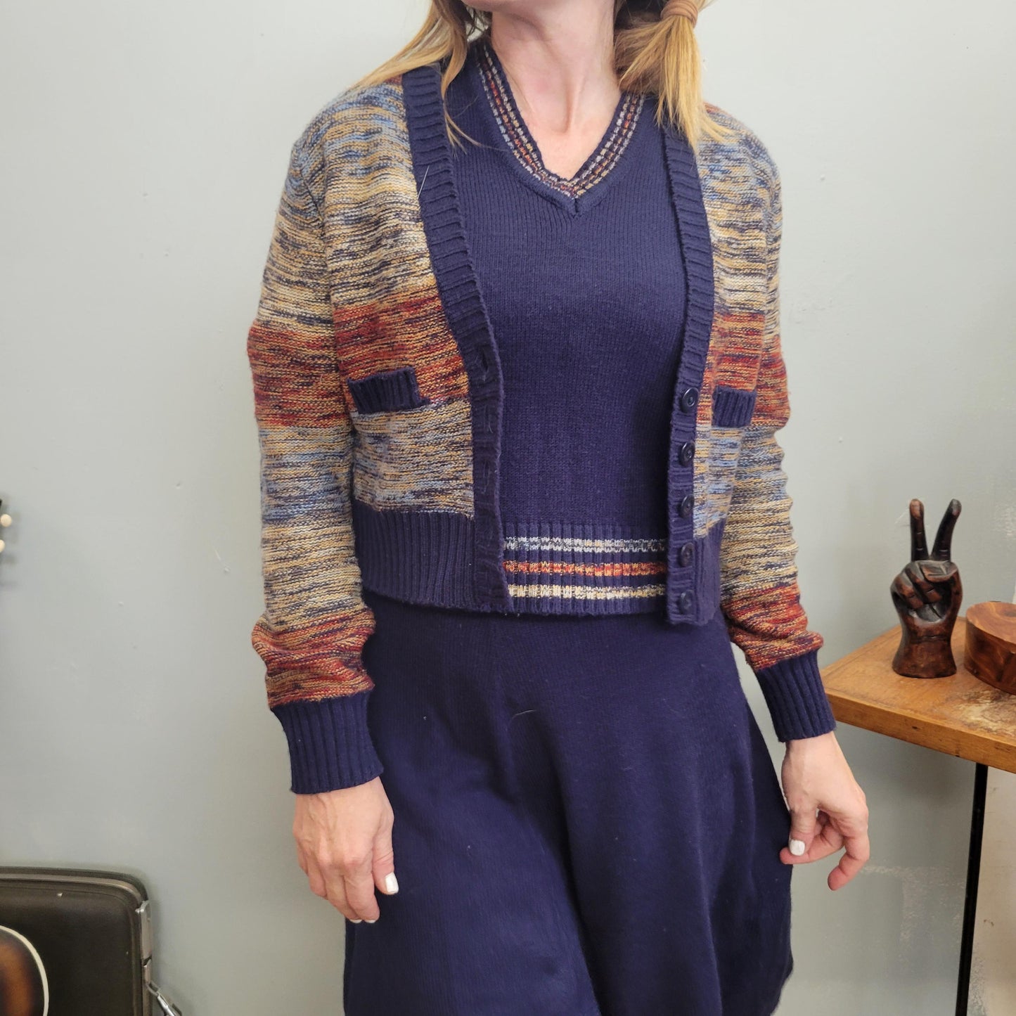 vtg 70s 3 PIECE SWEATER SET // space dye striped skirt set tank sweater mini skirt and groovy cardigan mod boho retro hippie jackie burkhart