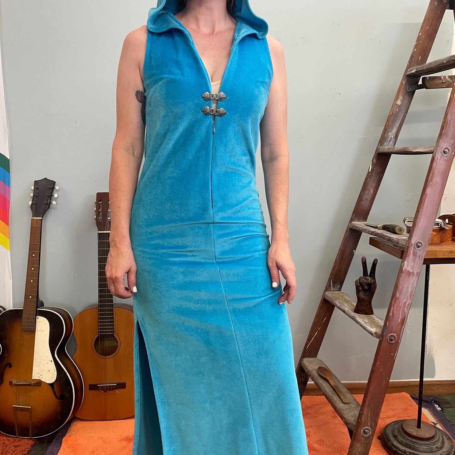 vtg 70s BLUE HOODED DRESS // soft velour metal clasps full length maxi gown with hood 2 thigh slits deep v neck beach wear lounge dress