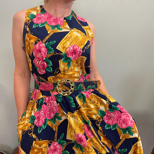 vtg 80s GOLD CHAIN PRINT Dress / pink roses flowy slinky day dress with pockets floral tank dress hermes gucci mob wife gaudy 90s designer
