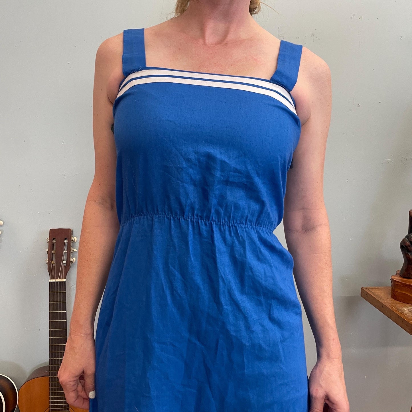 vtg 70s BLUE STRIPED TANK Dress // retro mid length minimalist casual secretary layering dress fall autumn cardigan cute ringer summer dress