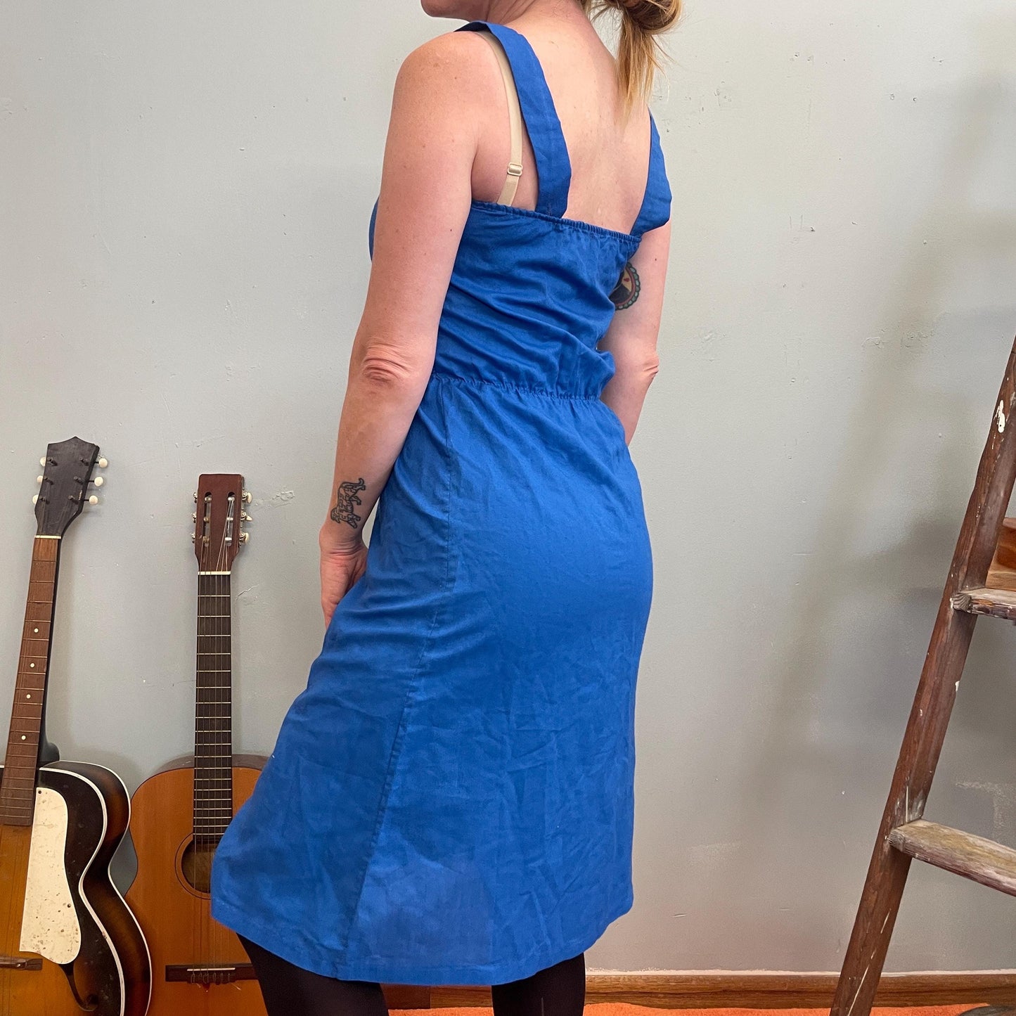 vtg 70s BLUE STRIPED TANK Dress // retro mid length minimalist casual secretary layering dress fall autumn cardigan cute ringer summer dress