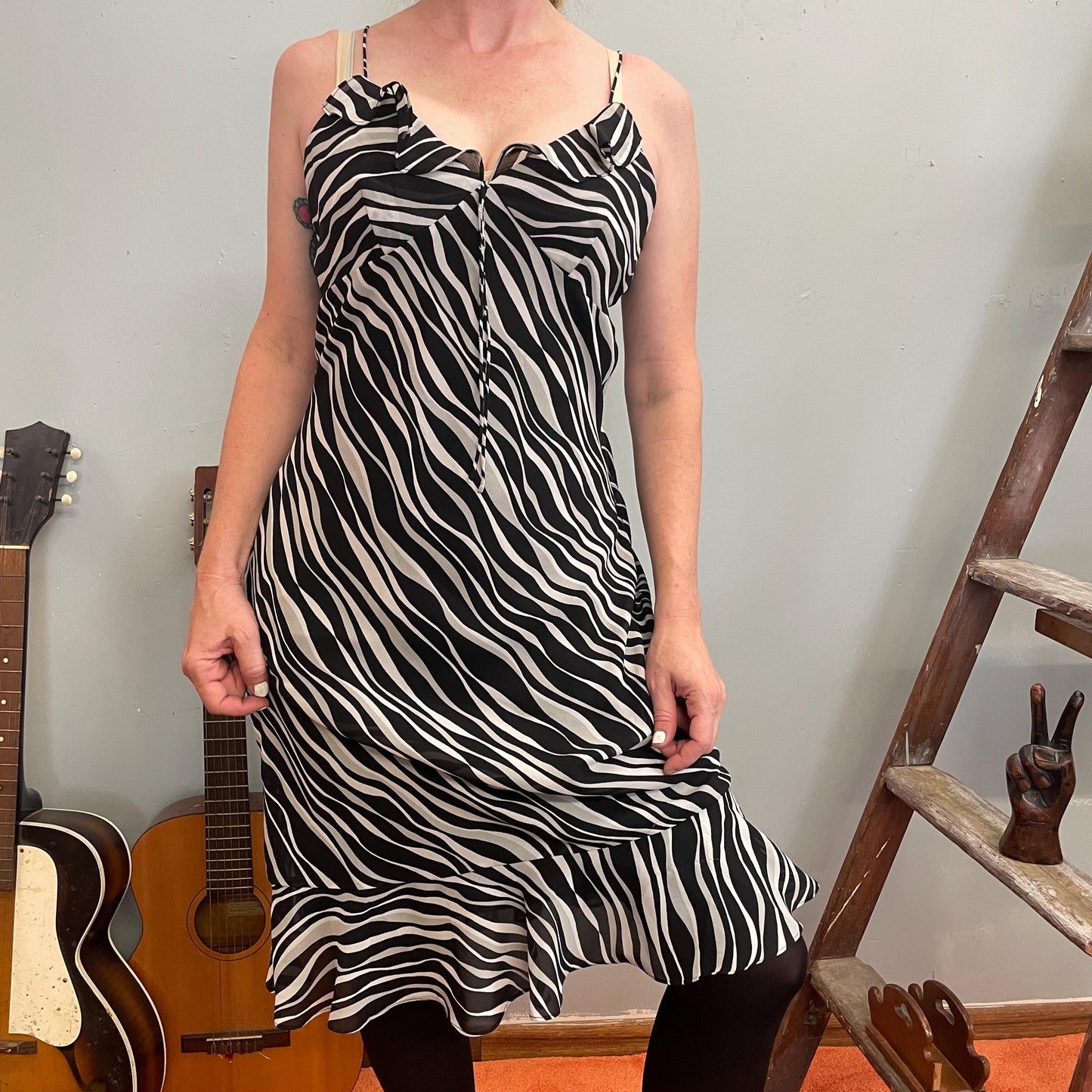 vtg 90s FLOWY ZEBRA PRINT dress //  animal print bias cut silky chiffon spaghetti strap all over print patterned Y2K party tank dress brat